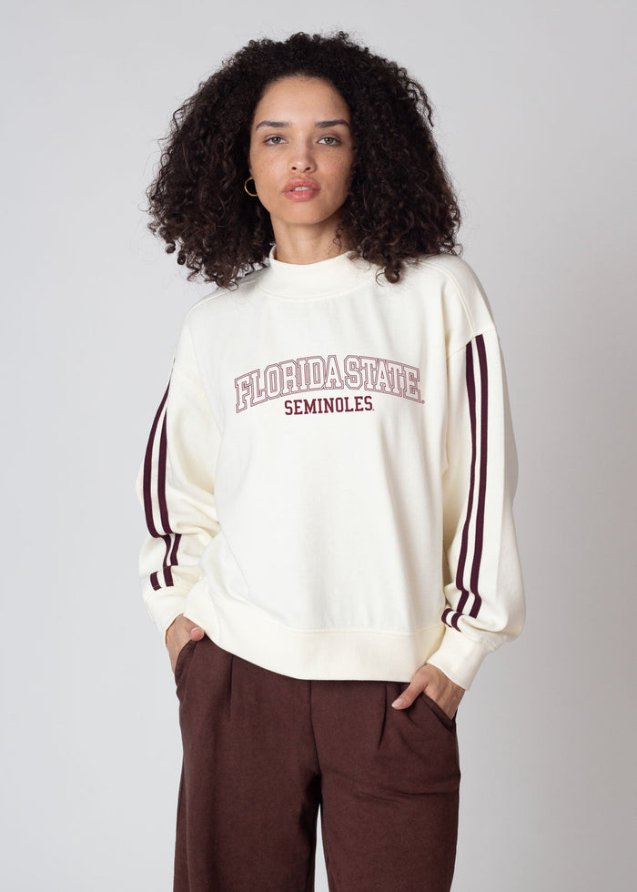 Florida State Seminoles Women's Maroon Relaxed, boxy, waist length Premium fleece Sweatshirt with Mock neck and striped rib at neckline, cuffs and hem