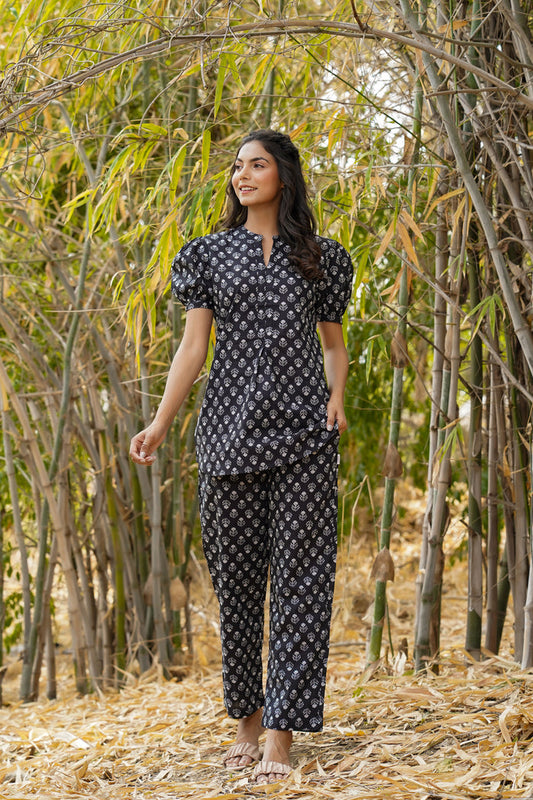 Floweret on Black Cotton Loungewear Top Set