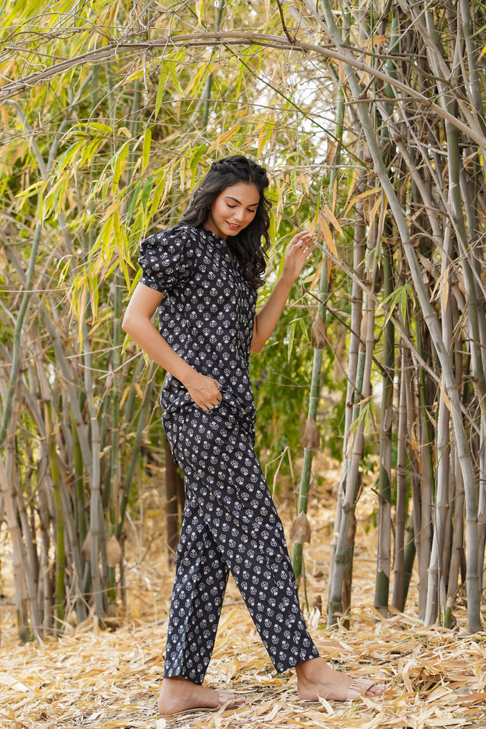 Floweret on Black Cotton Loungewear Top Set