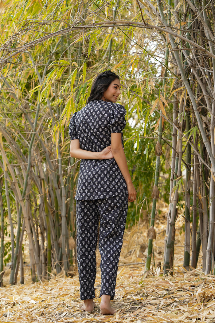 Floweret on Black Cotton Loungewear Top Set