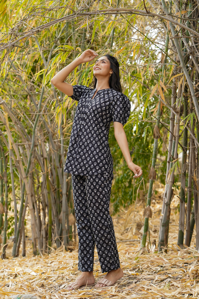 Floweret on Black Cotton Loungewear Top Set