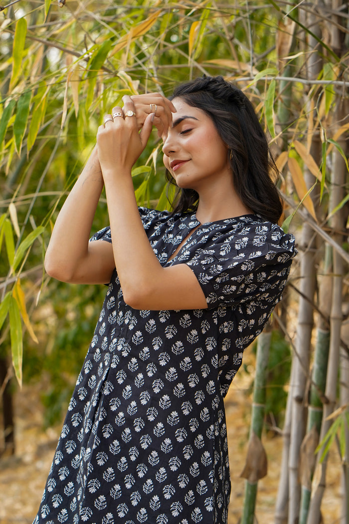 Floweret on Black Cotton Loungewear Top Set