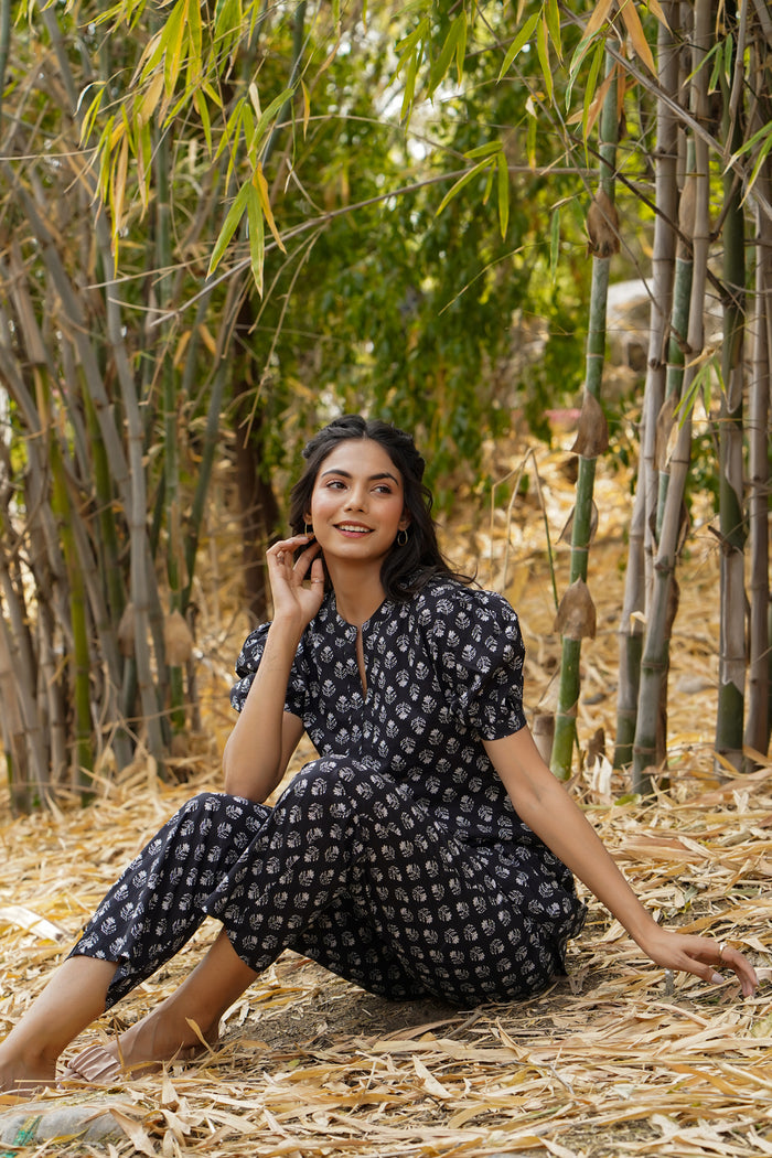 Floweret on Black Cotton Loungewear Top Set