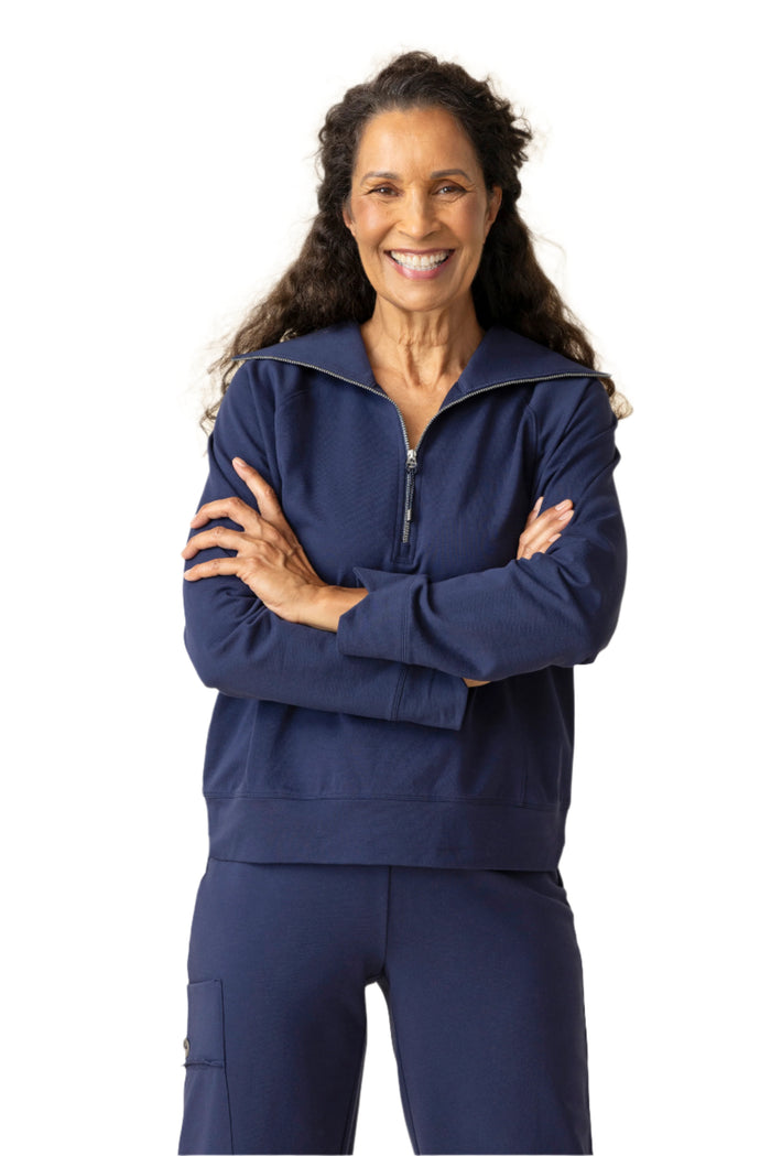 French Terry Quarter Zip Pullover in Navy - 69334-NVY - Sizes XS & S