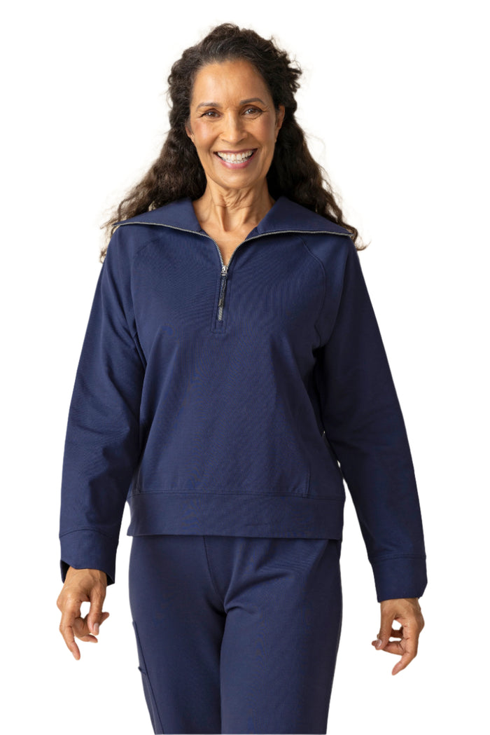 French Terry Quarter Zip Pullover in Navy - 69334-NVY - Sizes XS & S