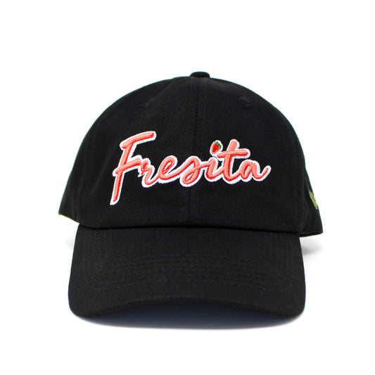 Front view of Black Fresita Dad Hat with embroidered red script and small strawberry detail on the letter i