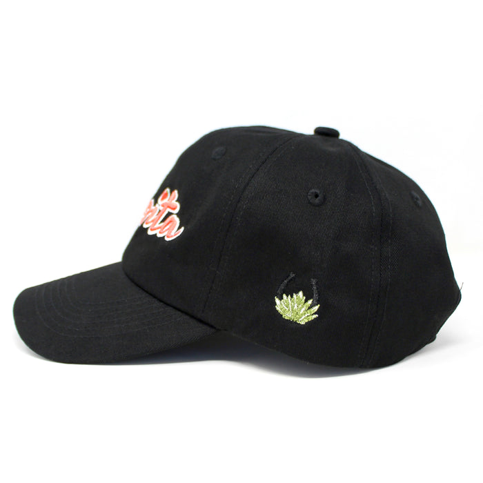 Side profile of embroidered black dad hat with MexWest logo