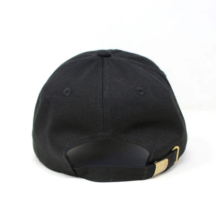 Rear view of adjustable black dad hat with metal clasp closure