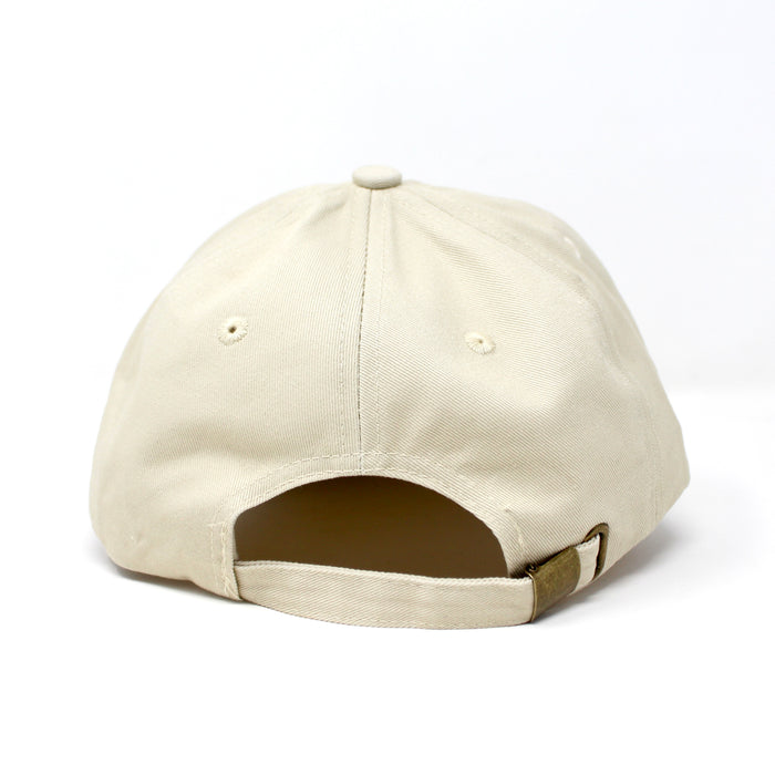 Rear view of adjustable khaki dad hat with metal clasp closure