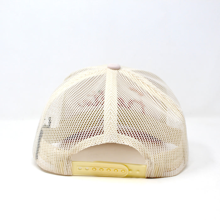 Rear view of Fresita snapback cap showing adjustable white plastic snap closure and cream mesh panels
