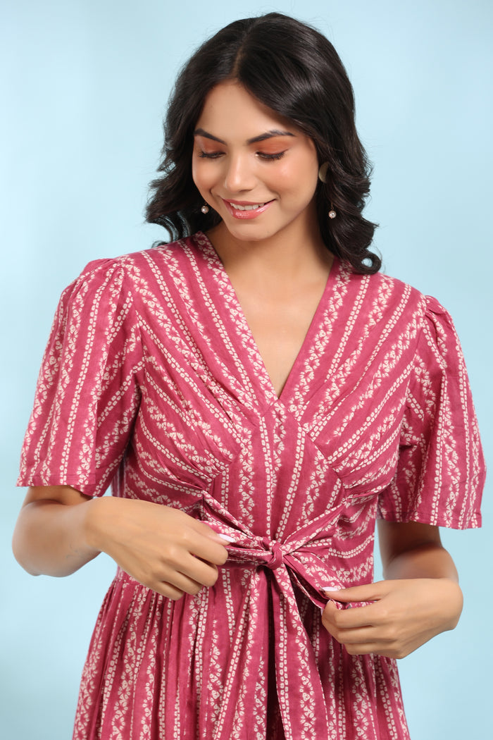 Front Bow Tie on Pink Shibori Cotton Dress