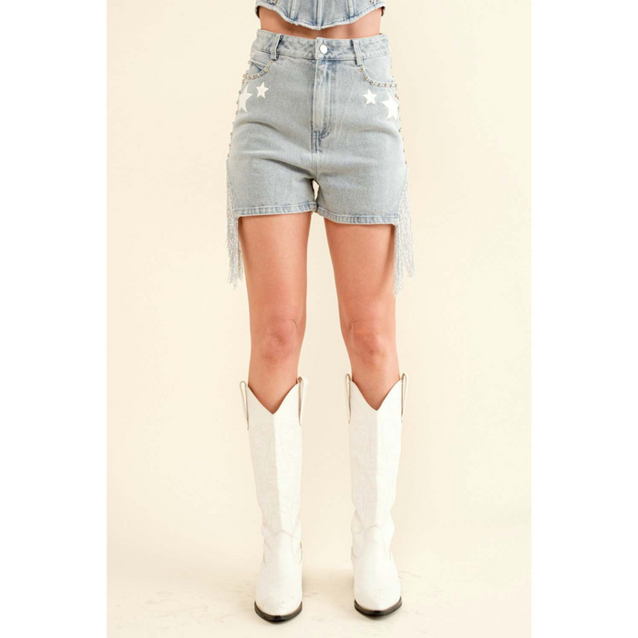 Garment Washed Denim Studded Fringe Shorts