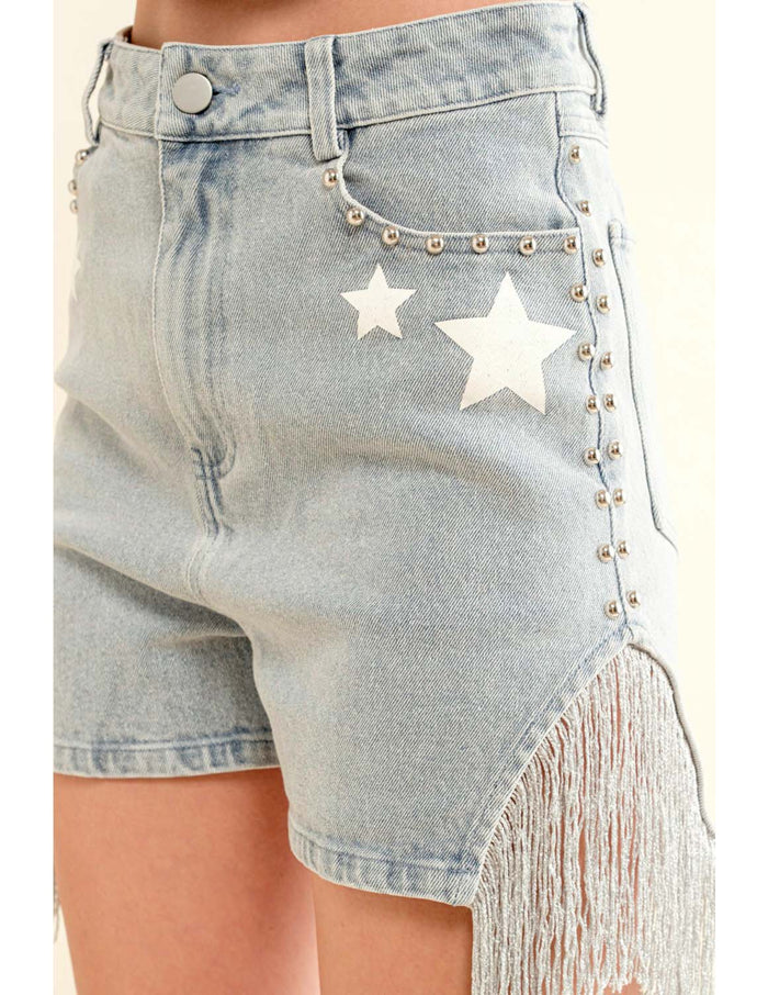 Garment Washed Denim Studded Fringe Shorts