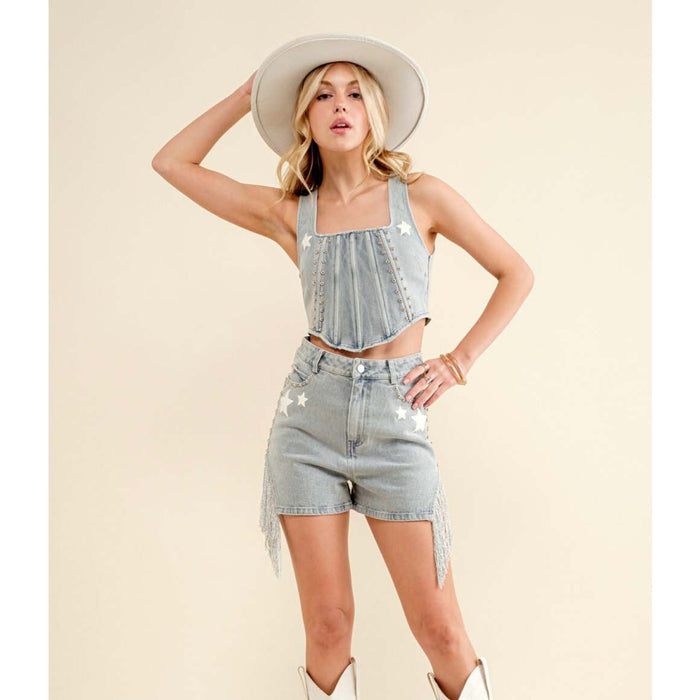 Garment Washed Denim Studded Star Print Crop Top