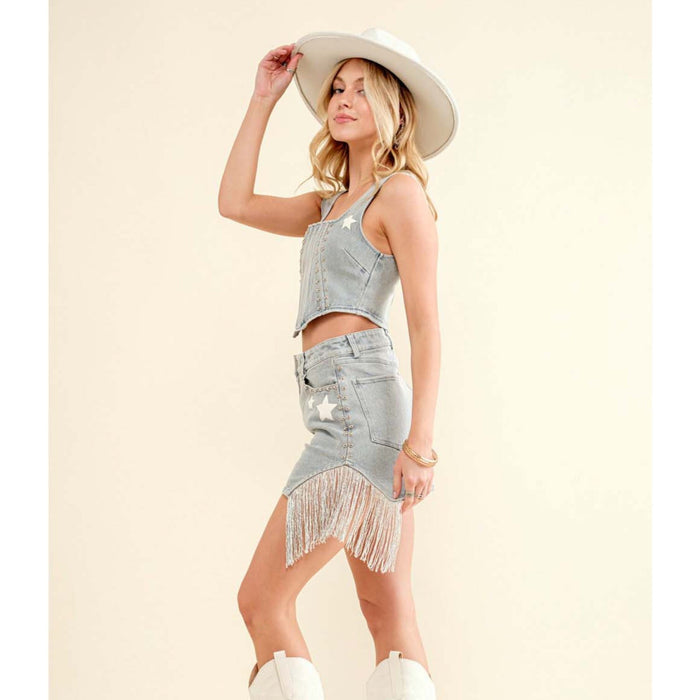 Garment Washed Denim Studded Star Print Crop Top
