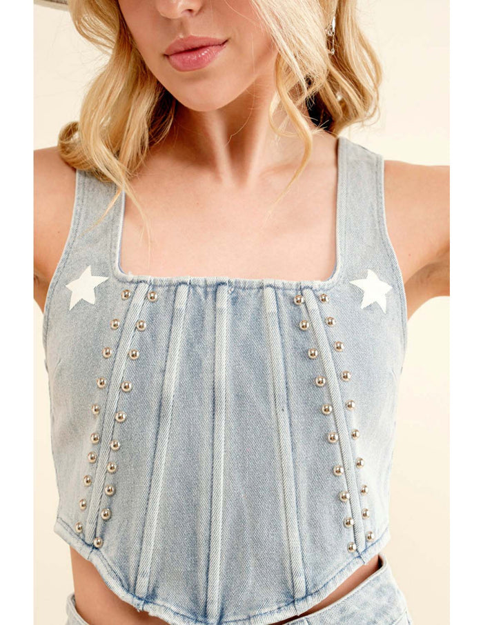 Garment Washed Denim Studded Star Print Crop Top