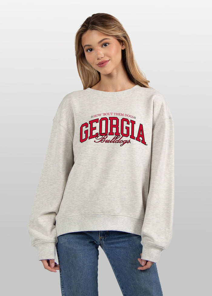 Georgia Bulldogs Women's Ash-Grey Relaxed Heavyweight Fleece Sweatshirt with Dropped shoulders, crew neckline, back center seam and ribbed neckline, cuffs and hem