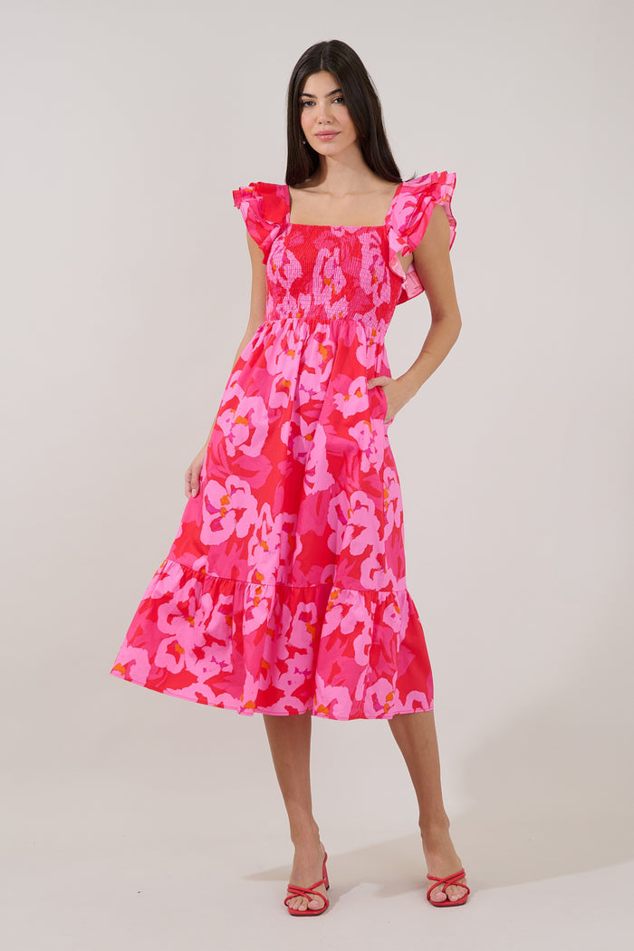 Girona Smocked Ruffle Midi Dress Floral
