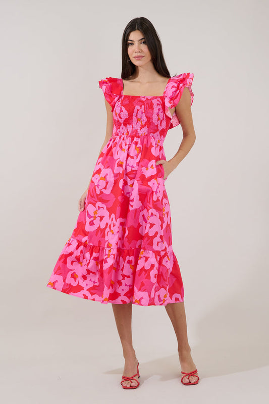 Girona Smocked Ruffle Midi Dress Floral