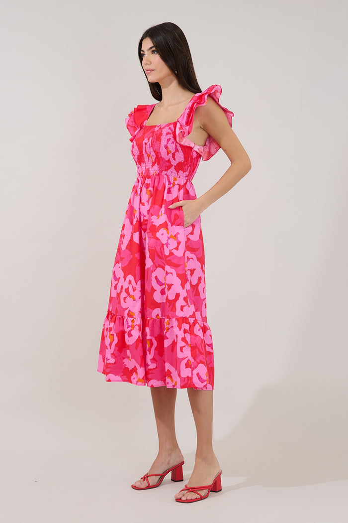 Girona Smocked Ruffle Midi Dress Floral