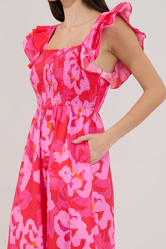 Girona Smocked Ruffle Midi Dress Floral