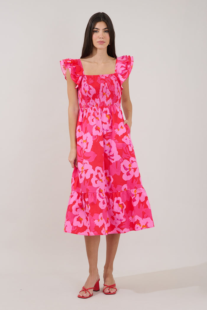 Girona Smocked Ruffle Midi Dress Floral