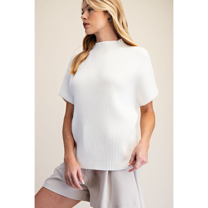 GM - Mock Neck, Ribbed, Oversized Pullover Sweater Top 9774 - White