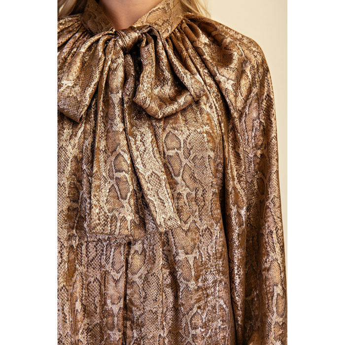 GM - tie-Neck, Snake Print Top 8374 - Camel