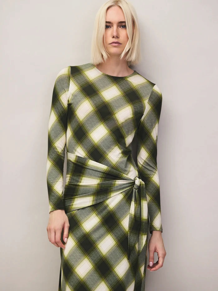 Green check waist tie midi dress