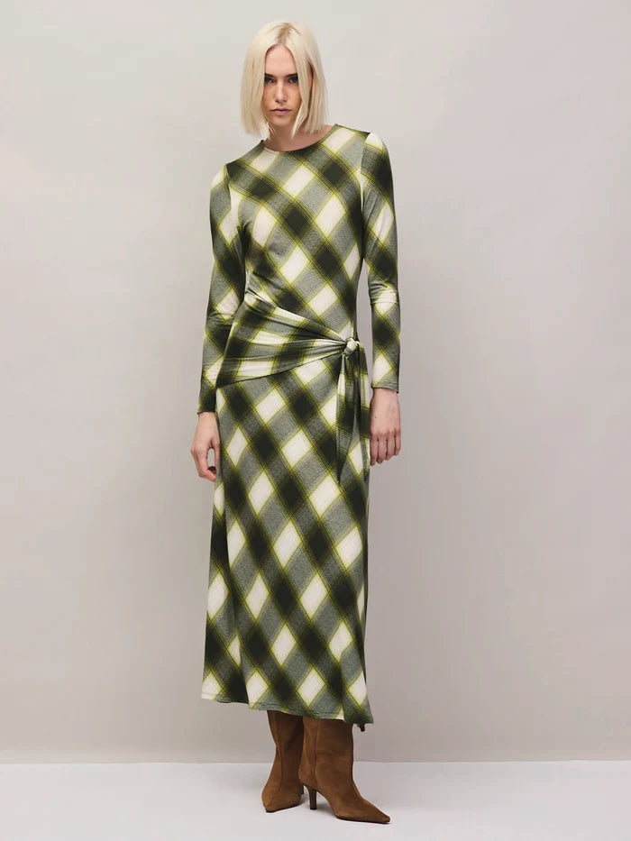 Green check waist tie midi dress