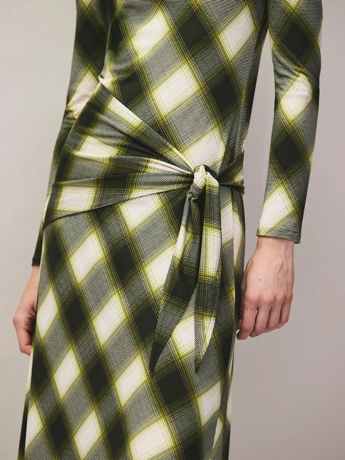 Green check waist tie midi dress