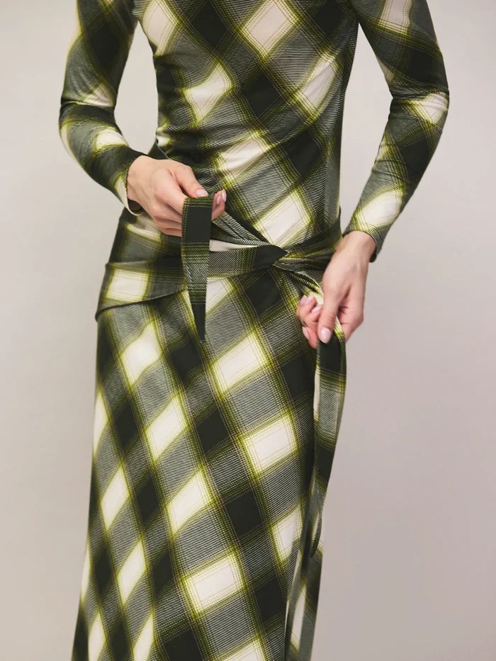 Green check waist tie midi dress