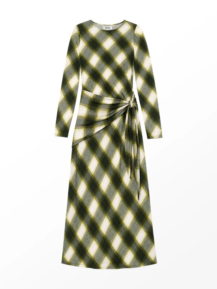 Green check waist tie midi dress