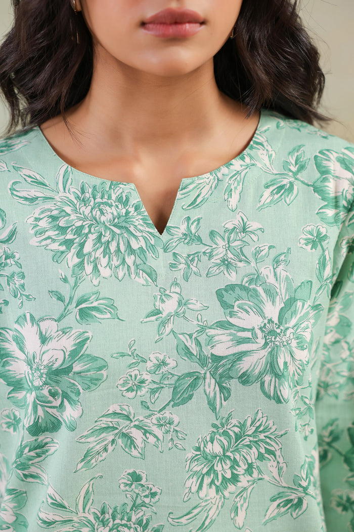 Green Floral Printed Cotton Flex Regular Fit Co-ord Set