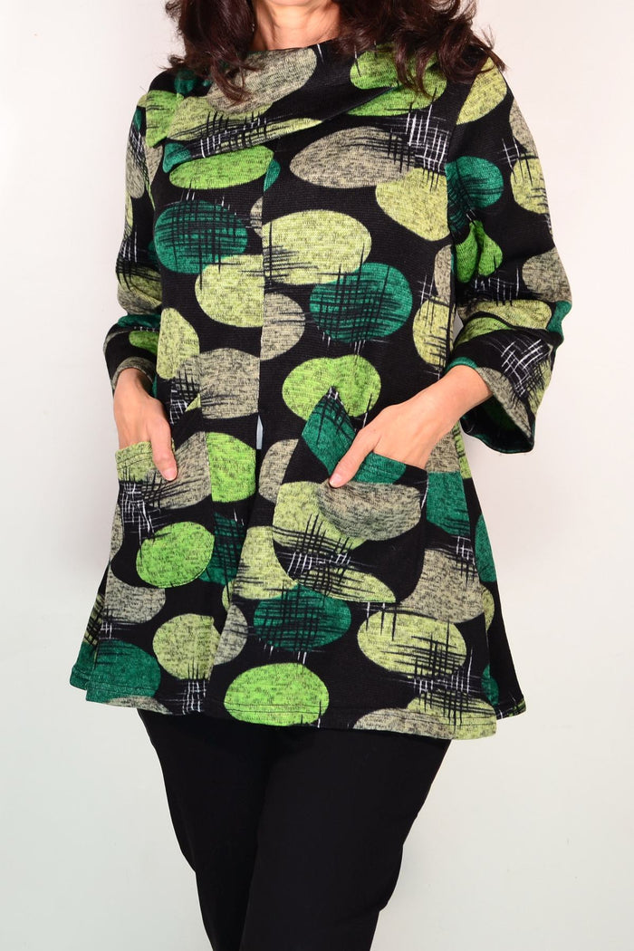 Green spots winter tunic top by Wishstone featuring a cozy, long-sleeve design and a relaxed fit, perfect for chilly weather.