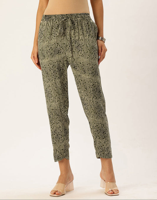 Green Striped Printed Pencil Pant, Green Pencil Pant, Striped Pencil Pant, Printed Pants for Women, Green Casual Pants