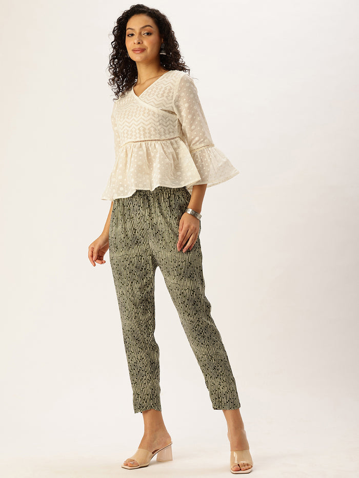 Green Striped Printed Pencil Pant, Green Pencil Pant, Striped Pencil Pant, Printed Pants for Women, Green Casual Pants