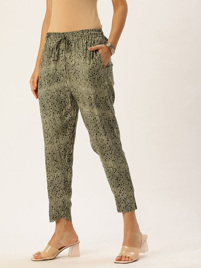 Green Striped Printed Pencil Pant, Green Pencil Pant, Striped Pencil Pant, Printed Pants for Women, Green Casual Pants
