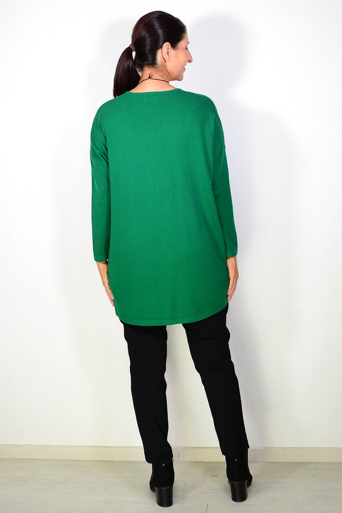 Green wool blend fine knit tunic top by Cali&Co, featuring a relaxed fit and detailed knit pattern, displayed on a hanger.