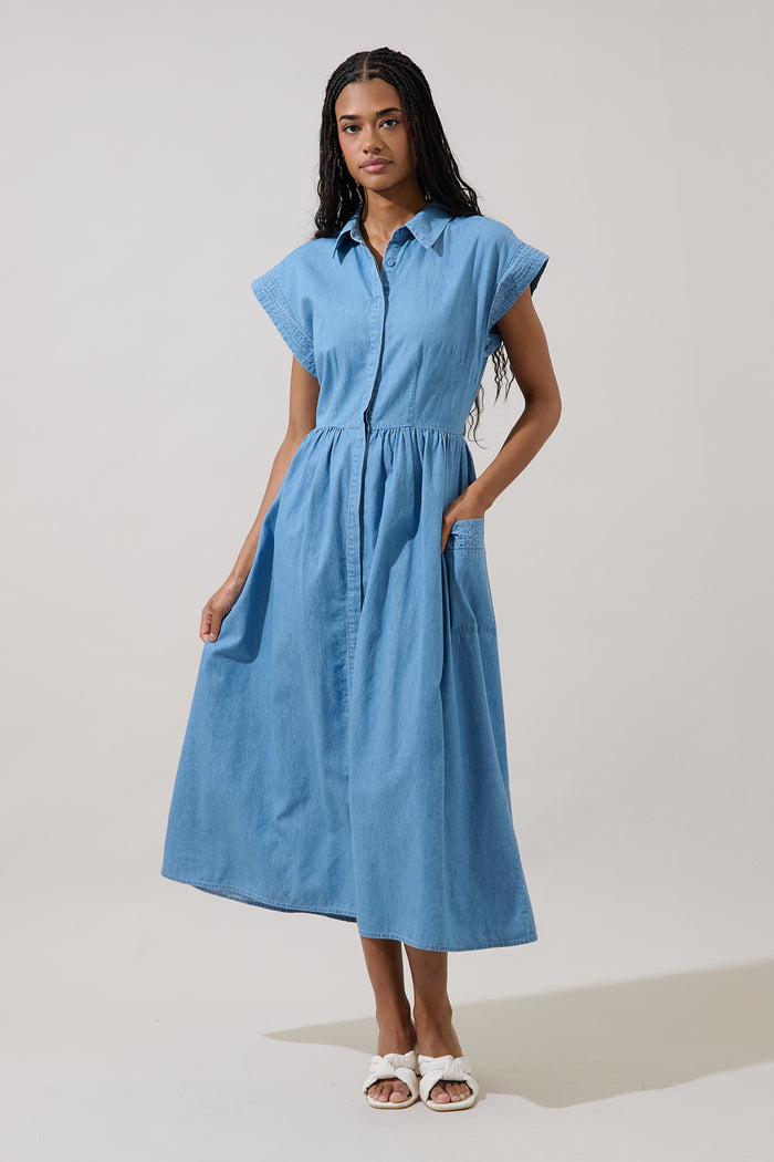 Grenola Button Up Collared Midi Dress Denim