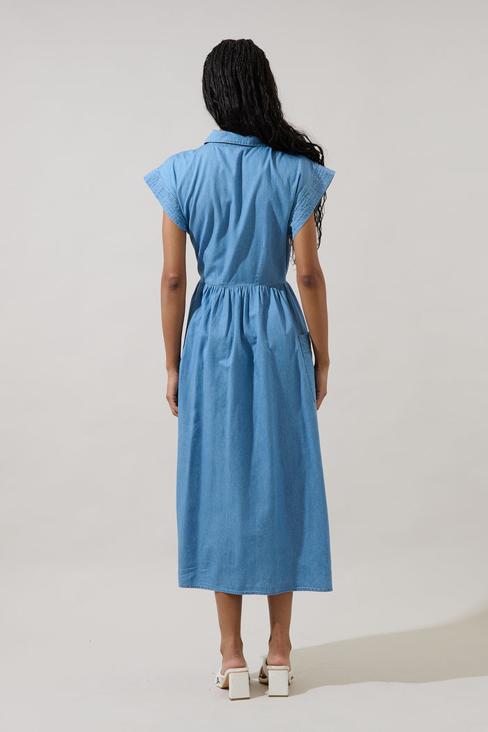 Grenola Button Up Collared Midi Dress Denim