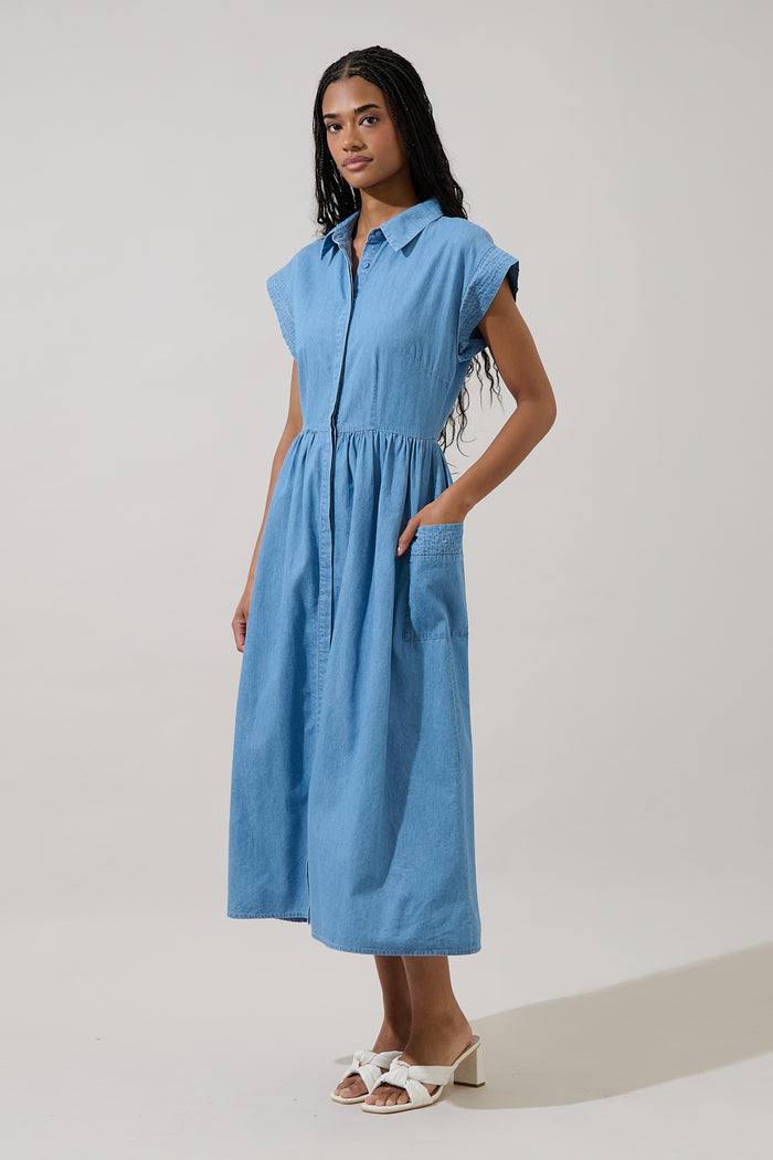 Grenola Button Up Collared Midi Dress Denim