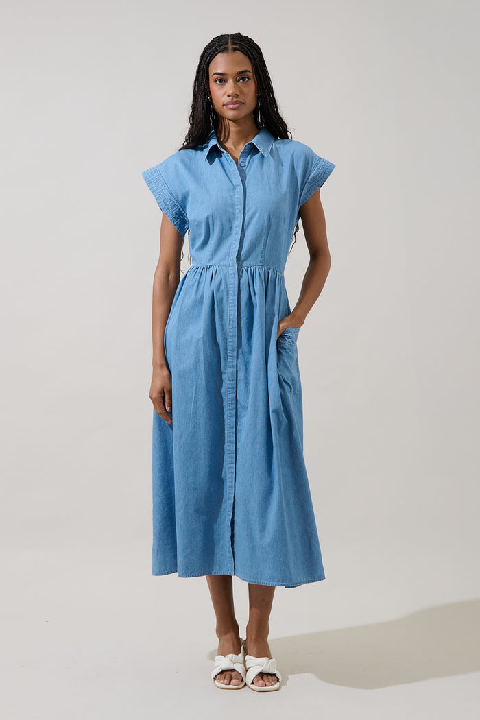 Grenola Button Up Collared Midi Dress Denim