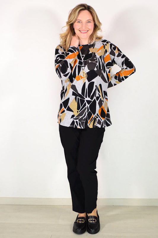 Grey Black Orange Fleece Tunic Top