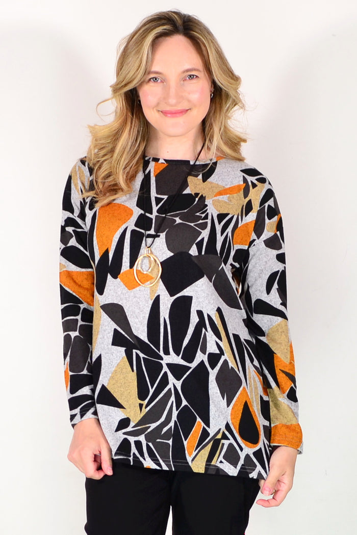 Grey Black Orange Fleece Tunic Top