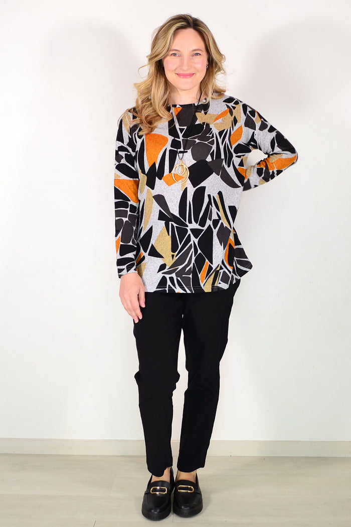 Grey Black Orange Fleece Tunic Top