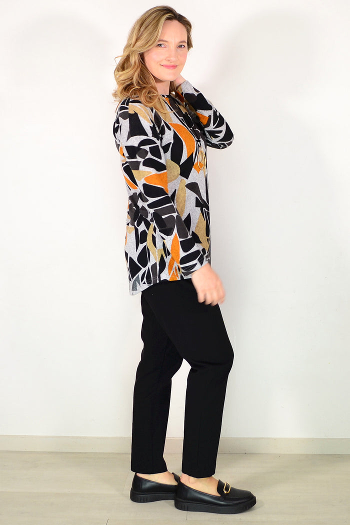 Grey Black Orange Fleece Tunic Top