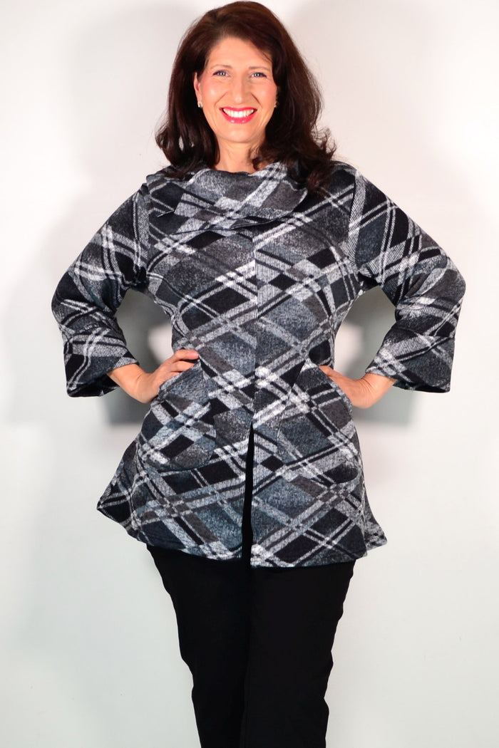 Grey squares winter tunic top by Wishstone, featuring a cozy, patterned long-sleeve design perfect for cold weather.