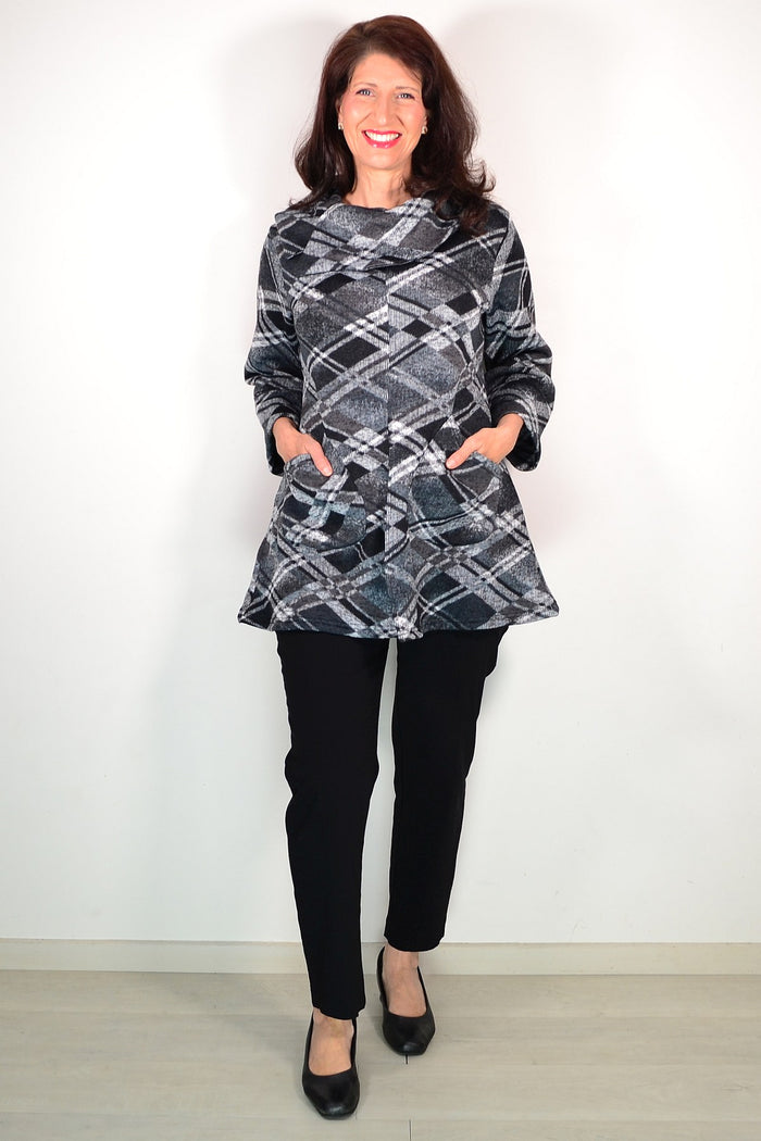 Grey squares winter tunic top by Wishstone, featuring a cozy fabric and stylish square pattern, perfect for cold weather.