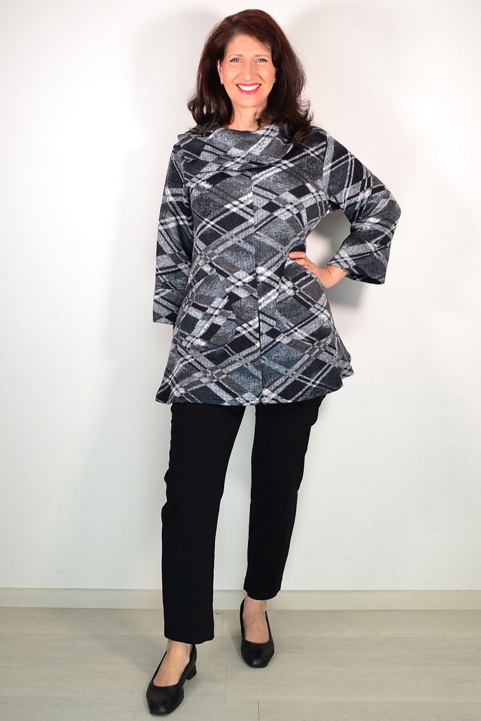Grey Squares Winter Tunic Top by Wishstone, featuring a cozy knit design with long sleeves and a relaxed fit.